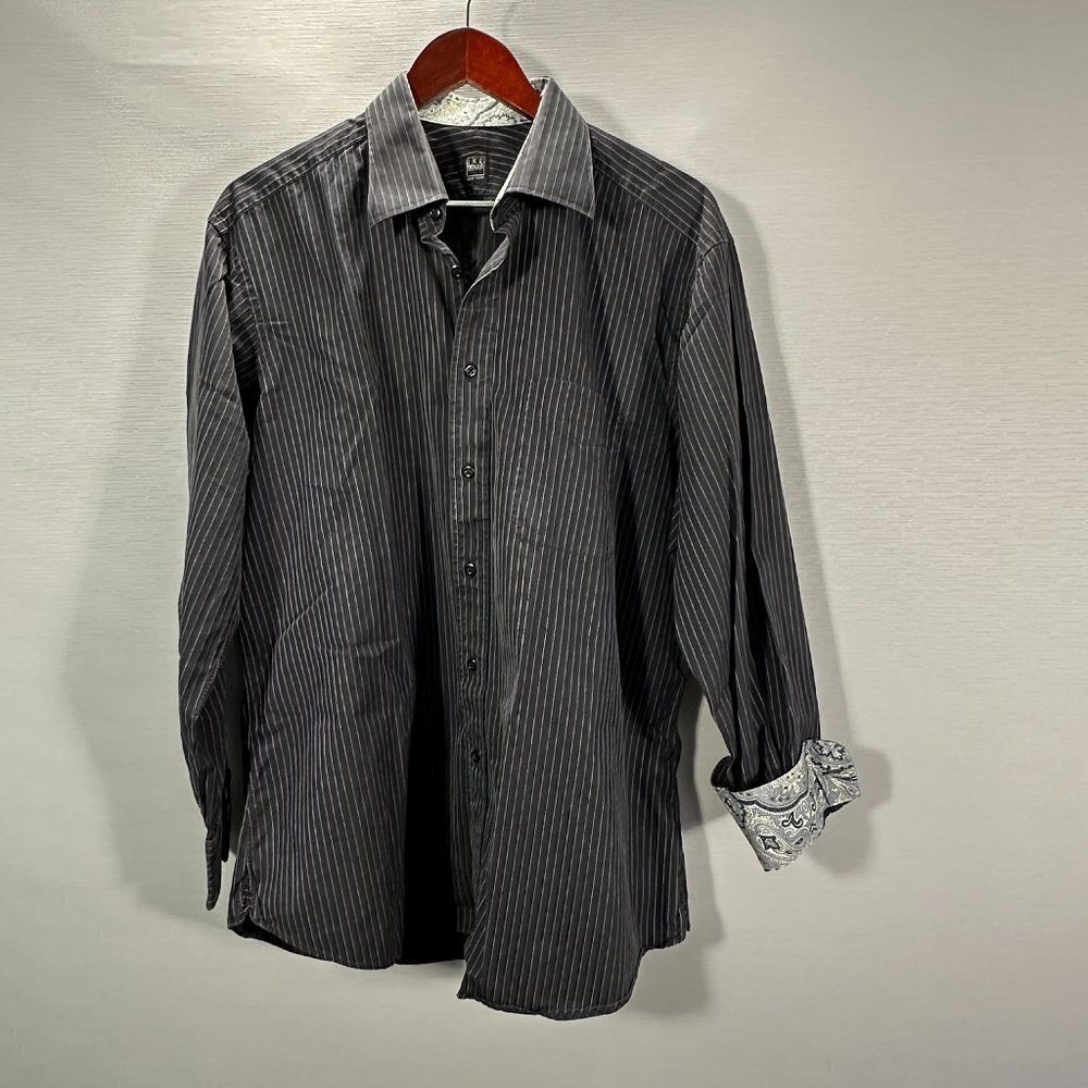 Ike Behar Shirt Mens 16.5 Black Stripe Cotton Long Sleeve Button Up Contrast Cuf